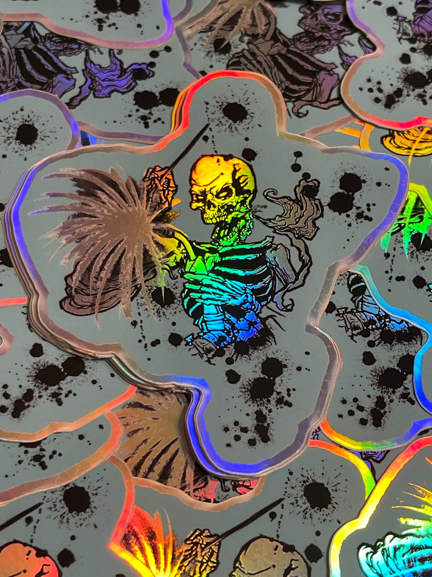 Holographic die cut skeleton welding sticker with blue background