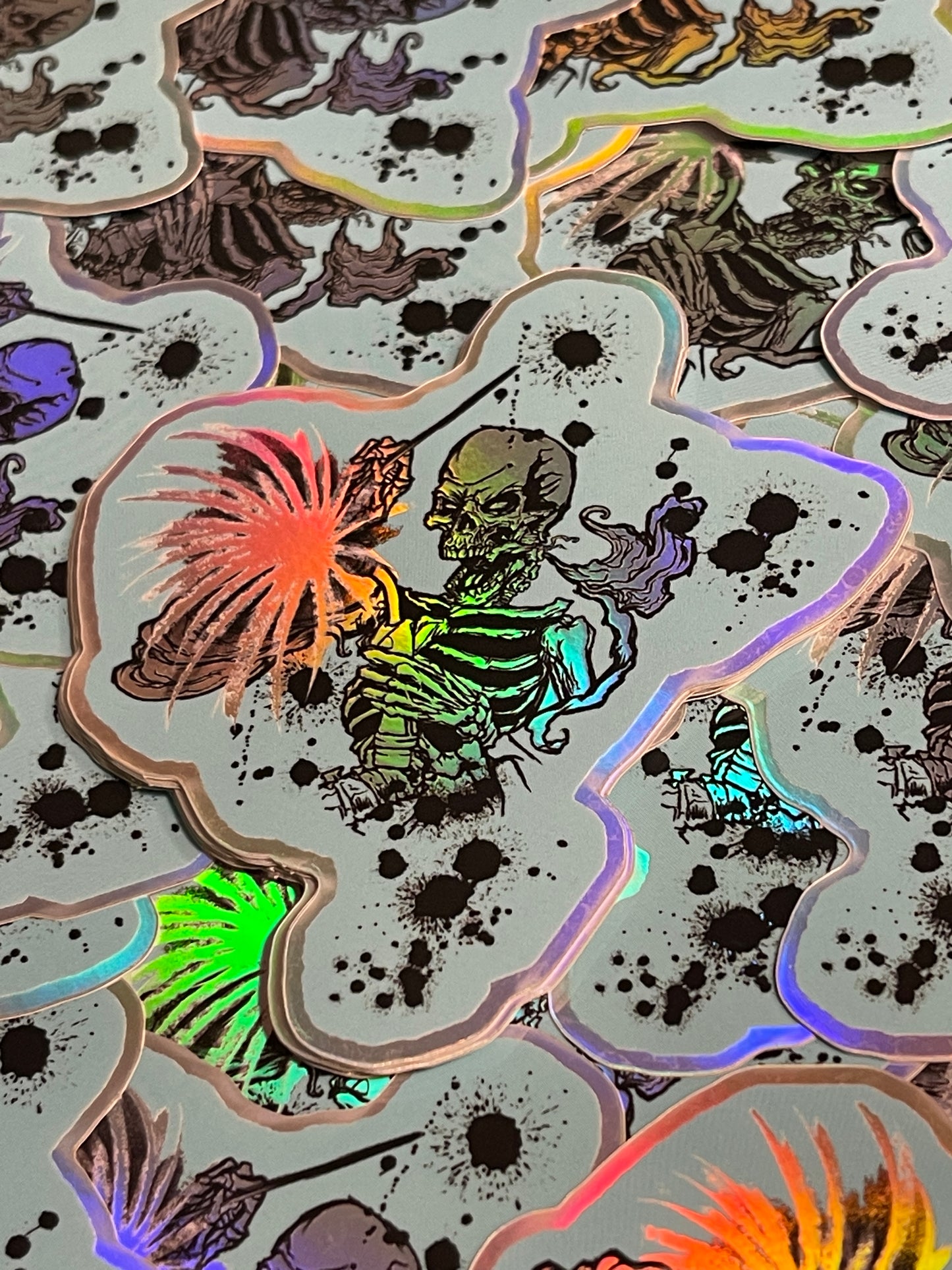 Holographic die cut skeleton welding sticker with blue background