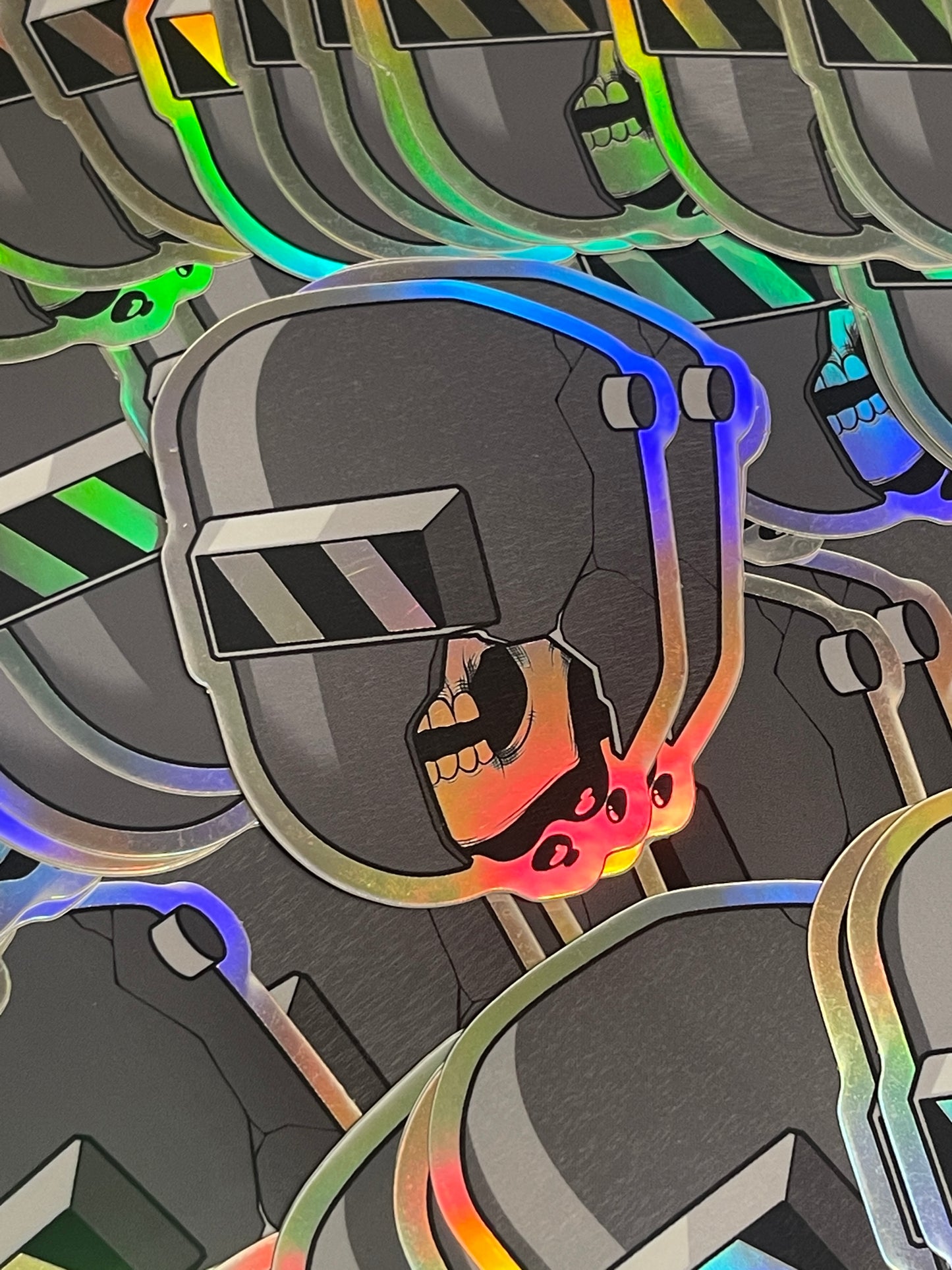 Shattered welding hood with skull holographic sticker